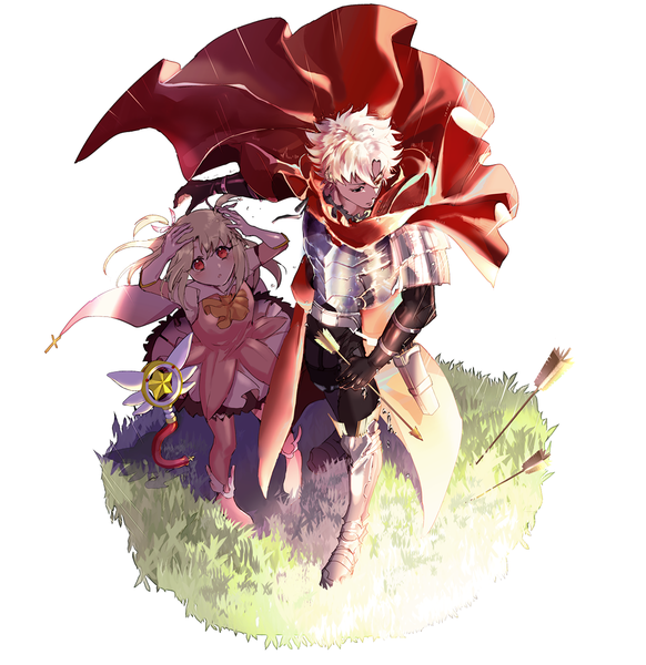 Anime picture 1100x1133 with fate (series) fate/grand order fate/kaleid liner prisma illya illyasviel von einzbern emiya kiritsugu emiya kiritsugu (assassin) karuha (kokuyouboys) long hair tall image fringe short hair simple background blonde hair hair between eyes red eyes standing white background looking away full body white hair