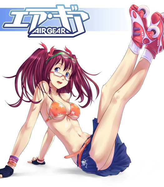 Anime picture 875x1000 with air gear toei animation noyamano ringo atomix single long hair tall image looking at viewer breasts open mouth blue eyes light erotic simple background white background twintails pink hair pleated skirt inscription legs girl