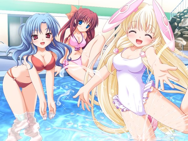 Anime picture 800x600 with &love miru (&love) shiina mayuki chihaya enishi yuyi long hair looking at viewer breasts blue eyes light erotic blonde hair red eyes multiple girls blue hair game cg red hair eyes closed sparkle covered navel half updo