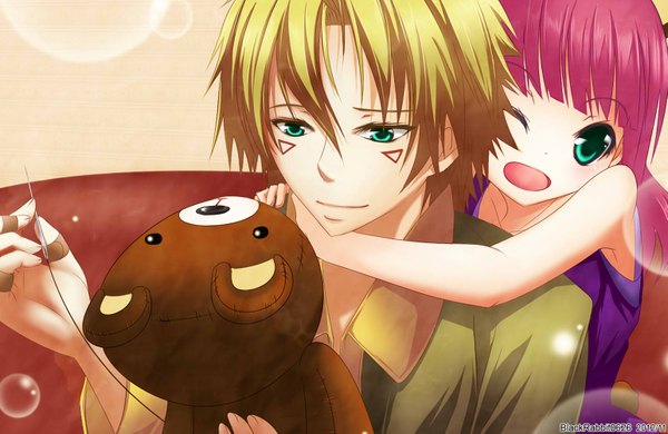 Anime picture 1541x1003 with league of legends annie (league of legends) tibbers (league of legends) ezreal (league of legends) short hair open mouth blonde hair pink hair one eye closed aqua eyes light smile wink facial mark girl boy toy stuffed animal thread bear needle