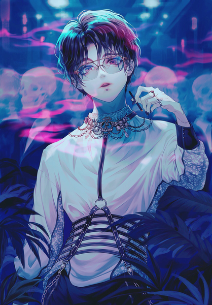 Anime picture 1426x2048 with original aki (xxparadexx) single tall image looking at viewer fringe short hair black hair hair between eyes standing holding brown eyes indoors nail polish parted lips head tilt piercing ear piercing smoke skeleton