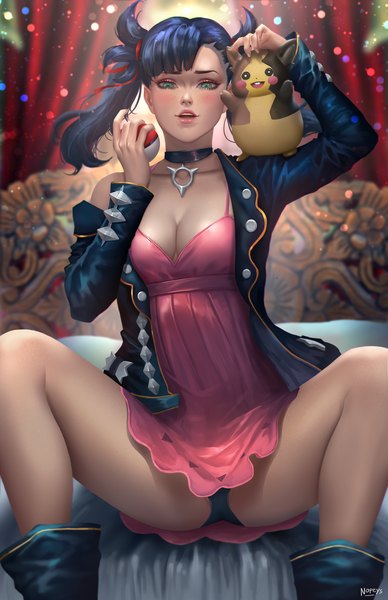 Anime picture 3300x5100 with pokemon pokemon (game) pokemon swsh nintendo marnie (pokemon) morpeko nopeys single long hair tall image looking at viewer blush fringe highres breasts open mouth light erotic black hair large breasts twintails