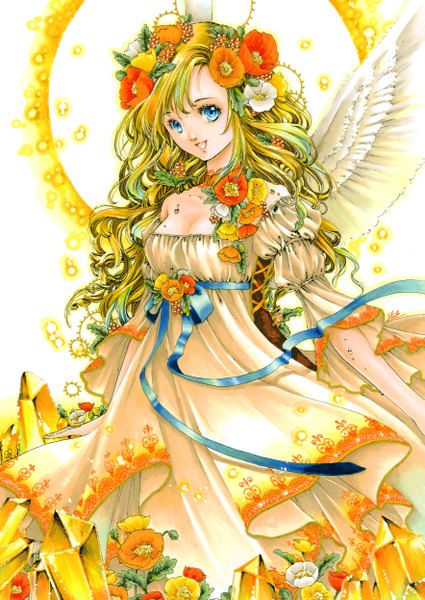 Anime picture 3533x4984 with original shiitake (gensoudou) single long hair tall image looking at viewer fringe highres open mouth blue eyes blonde hair smile standing white background bare shoulders absurdres hair flower happy wavy hair spread arms