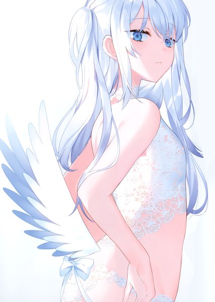 Anime picture 2099x2952 with original achiki single long hair tall image looking at viewer blush fringe highres blue eyes light erotic simple background hair between eyes standing payot silver hair ass looking back scan one side up