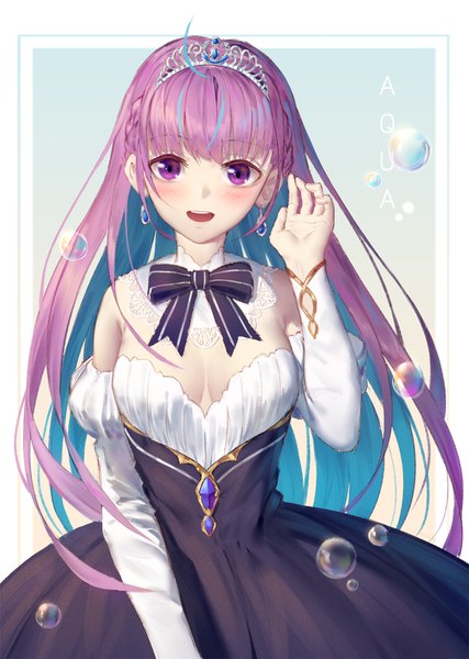 Anime picture 1000x1406 with virtual youtuber hololive minato aqua ji dao ji single long hair tall image looking at viewer blush fringe breasts open mouth simple background smile standing purple eyes payot cleavage purple hair ahoge