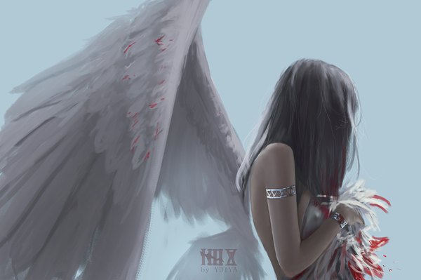 Anime picture 1622x1080 with original ydiya single long hair holding grey hair blue background white wings girl wings bracelet blood feather (feathers)