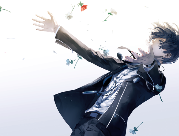 Anime picture 917x700 with persona 3 persona arisato minato syokumura single short hair black hair simple background black eyes gradient background spread arms covered mouth falling boy flower (flowers)