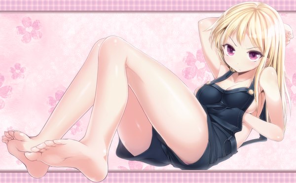 Anime picture 1656x1024 with original sinker (pixiv) single long hair blonde hair wide image pink eyes barefoot legs naked overalls girl overalls