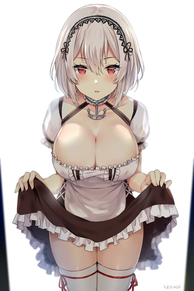 Anime picture 3000x4500 with azur lane sirius (azur lane) kaetzchen single tall image looking at viewer blush fringe highres short hair breasts light erotic simple background hair between eyes red eyes large breasts standing white background signed payot