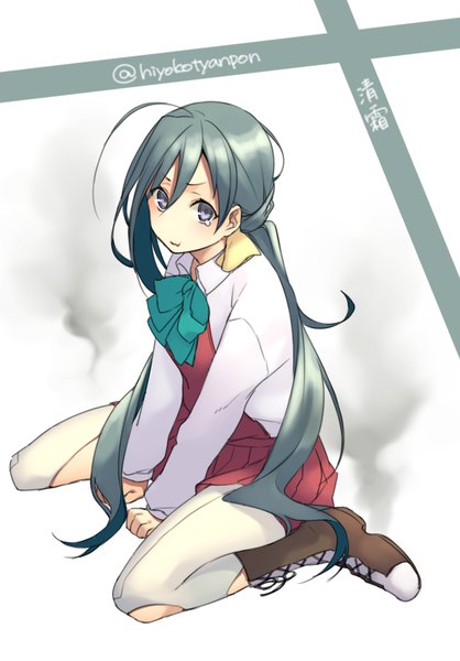 Anime picture 757x1087 with kantai collection kiyoshimo destroyer lio (rumei2265874644) single long hair tall image looking at viewer blush fringe simple background hair between eyes sitting purple eyes signed full body ahoge grey hair character names wariza low ponytail