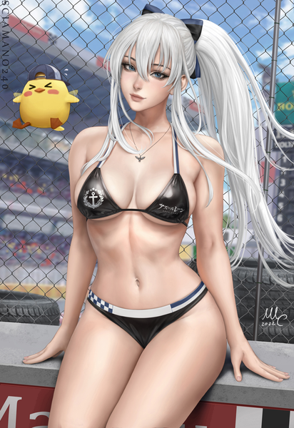 Anime picture 2059x3000 with azur lane manjuu (azur lane) enterprise (azur lane) sciamano240 single long hair tall image looking at viewer fringe highres breasts blue eyes light erotic hair between eyes large breasts sitting signed payot sky cleavage