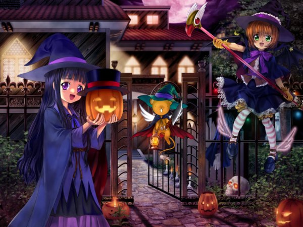 Anime picture 1280x960 with card captor sakura clamp kinomoto sakura daidouji tomoyo kero (cardcaptor sakura) mutsuki (moonknives) halloween witch gloves knife vegetables jack-o'-lantern pumpkin halloween costume fuuin no tsue