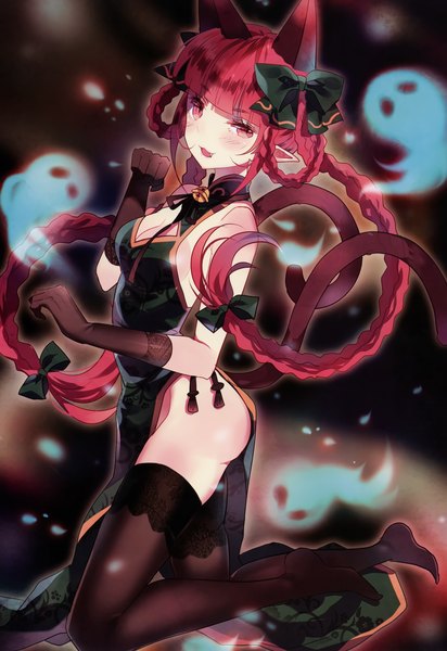 Anime picture 2186x3183 with touhou kaenbyou rin domotolain single long hair tall image looking at viewer fringe highres breasts light erotic smile red eyes animal ears cleavage red hair braid (braids) traditional clothes pointy ears cat ears