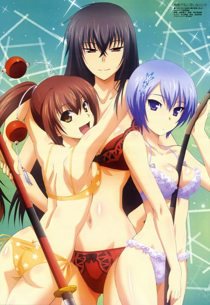 Anime picture 4078x5919 with maji de watashi ni koi shinasai! megami magazine kawakami momoyo shiina miyako kawakami kazuko long hair tall image highres short hair light erotic black hair smile red eyes brown hair purple eyes multiple girls yellow eyes blue hair absurdres ponytail