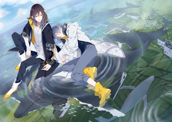 Anime picture 1208x859 with original psd (pixiv) long hair fringe short hair brown hair brown eyes blue hair looking away sky cloud (clouds) open clothes open jacket multiple boys underwater open collar sleeping field boy animal