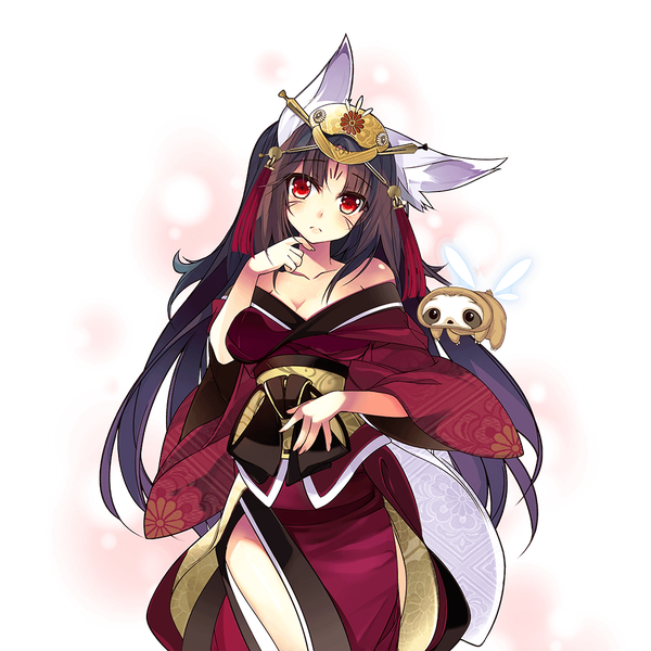Anime picture 1024x1024 with uchi no hime-sama ga ichiban kawaii tamamo (uchi no hime-sama ga ichiban kawaii) shirokitsune single long hair looking at viewer breasts black hair red eyes bare shoulders animal ears payot long sleeves traditional clothes head tilt japanese clothes blurry wide sleeves fox ears facial mark