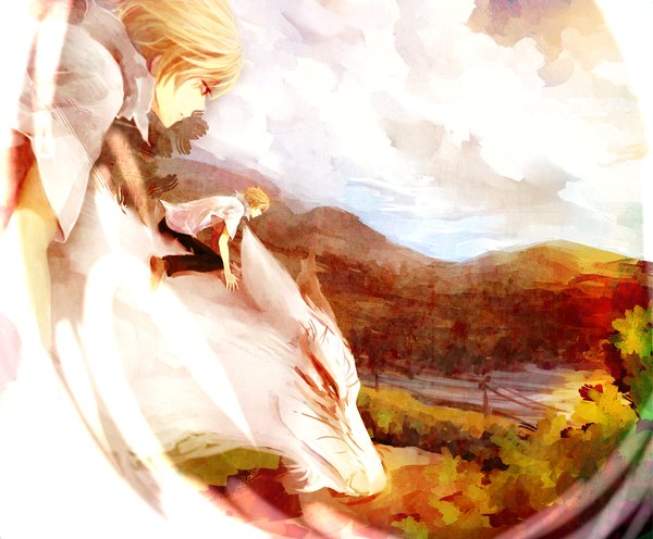 Anime picture 3624x3000 with natsume yuujinchou brains base (studio) natsume takashi madara (nyanko-sensei) rebornartist highres short hair blonde hair red eyes absurdres mountain flying landscape zoom layer riding boy animal shirt