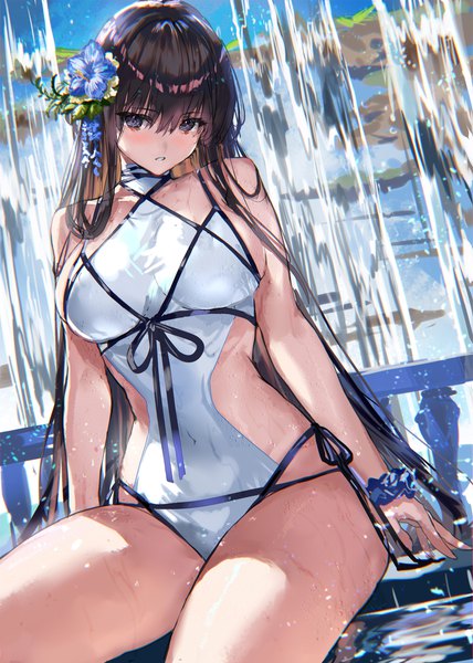 Anime picture 2139x3000 with original ranou single long hair tall image looking at viewer blush fringe highres breasts light erotic hair between eyes large breasts sitting brown eyes parted lips head tilt hair flower black eyes wet