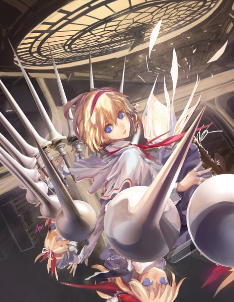 Anime picture 1000x1285 with touhou alice margatroid lin+ tall image short hair blue eyes blonde hair girl dress weapon hairband book (books) spear doll (dolls)