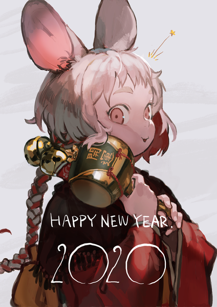 Anime picture 1200x1697 with original burari single long hair tall image looking at viewer red eyes animal ears silver hair upper body braid (braids) multicolored hair single braid colored inner hair new year happy new year 2020 mouse ears girl star (symbol)