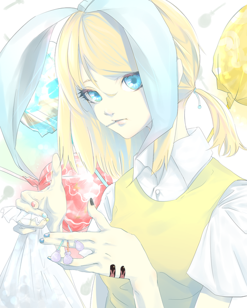Anime picture 1200x1500 with vocaloid kagamine rin matsunaga777 single long hair tall image looking at viewer fringe blue eyes blonde hair hair between eyes holding upper body nail polish parted lips cat girl one side up eating multicolored nail polish bandaid on hand