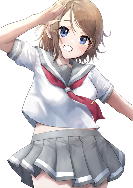 Anime picture 2894x4093 with love live! sunshine!! sunrise (studio) love live! watanabe you aftamc single tall image highres short hair blue eyes simple background smile brown hair white background pleated skirt grin salute girl skirt uniform