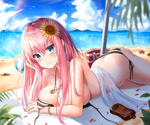 Anime picture 1400x1167 with original lkeris single long hair looking at viewer blush fringe breasts blue eyes light erotic hair between eyes large breasts bare shoulders payot pink hair sky cleavage cloud (clouds) ass outdoors
