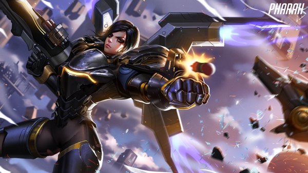 Anime picture 9000x5063 with overwatch blizzard entertainment pharah (overwatch) liang xing single long hair highres light erotic black hair red eyes wide image looking away absurdres sky cloud (clouds) lips blurry realistic dutch angle character names