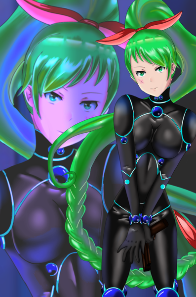Anime picture 1340x2024 with original kristi palmer31 single long hair tall image looking at viewer fringe breasts light erotic smile standing green eyes braid (braids) green hair single braid scar zoom layer girl bow weapon