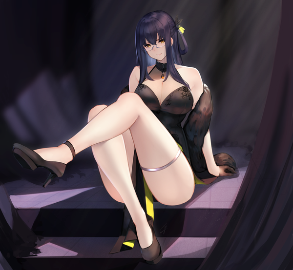 Anime picture 2837x2621 with original hayabusa single long hair looking at viewer fringe highres breasts light erotic black hair hair between eyes large breasts sitting signed yellow eyes payot cleavage full body bent knee (knees) head tilt