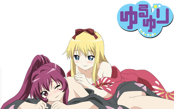 Anime picture 2560x1600 with yuru yuri doga kobo toshinou kyouko sugiura ayano long hair highres blue eyes light erotic blonde hair smile wide image purple eyes multiple girls purple hair japanese clothes one eye closed wink shoujo ai transparent background girl