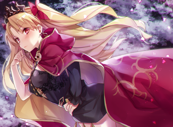 Anime picture 900x660 with fate (series) fate/grand order ereshkigal (fate) yuzuki karu single long hair looking at viewer fringe breasts blonde hair red eyes standing cloud (clouds) arm up wind night two side up night sky serious girl