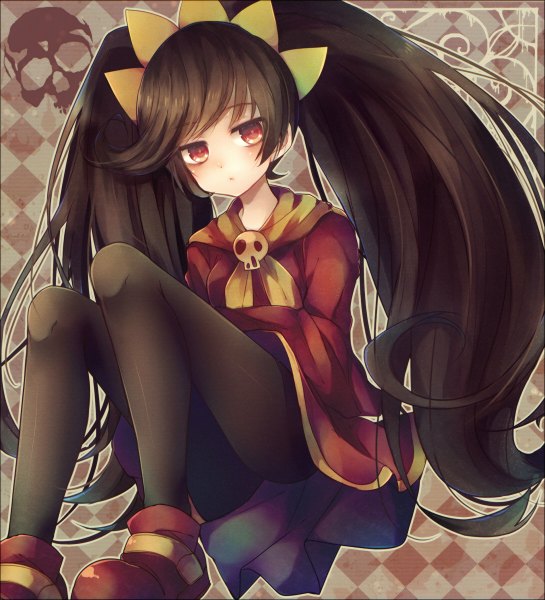 Anime picture 1090x1200 with warioware nintendo ashley (warioware) abandon ranka single long hair tall image blush fringe black hair red eyes sitting twintails looking away checkered checkered background rhombus girl hair ornament pantyhose