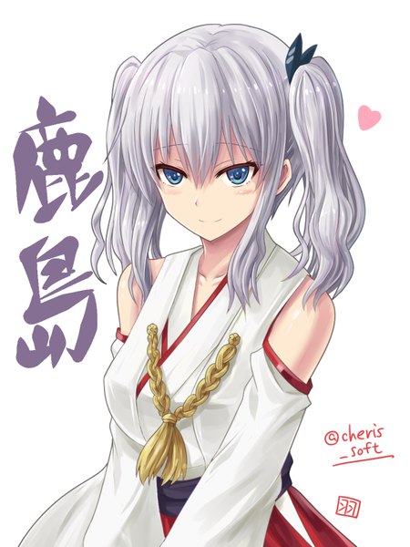 Anime picture 600x800 with kantai collection kashima training cruiser haruna battleship haura akitoshi single long hair tall image blush fringe blue eyes simple background hair between eyes white background twintails bare shoulders signed looking away silver hair upper body traditional clothes
