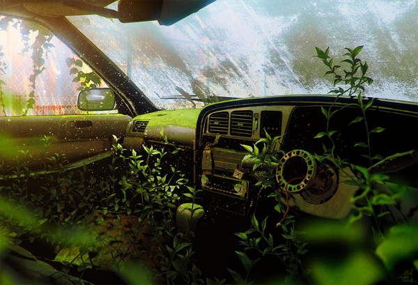 Anime picture 1100x751 with original mocha (cotton) light no people ruins green background car interior abandoned plant (plants) window grass ground vehicle mirror car moss