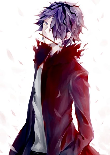 Anime picture 724x1023 with ib (game) garry (ib) gensou aporo single tall image looking at viewer fringe short hair simple background white background purple eyes purple hair hair over one eye hands in pockets boy coat paintbrush art brush