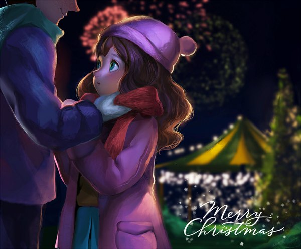 Anime picture 1000x828 with original stellarism long hair smile brown hair standing green eyes night christmas wavy hair winter merry christmas fireworks girl boy plant (plants) tree (trees) scarf cap winter clothes