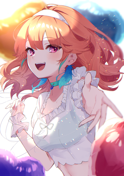 Anime picture 2890x4085 with virtual youtuber hololive hololive english takanashi kiara mochizuki mochi single long hair tall image looking at viewer fringe highres open mouth hair between eyes :d pink eyes orange hair official alternate costume outstretched hand girl earrings