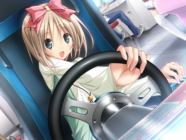 Anime picture 1024x768 with mirai nostalgia purple software hatori uta koku fringe short hair open mouth blonde hair sitting green eyes game cg indoors :d loli dutch angle girl