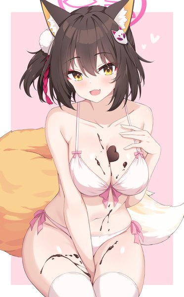Anime picture 1800x2903 with blue archive izuna (blue archive) hayana neru single tall image looking at viewer fringe highres short hair breasts open mouth light erotic simple background hair between eyes brown hair large breasts sitting animal ears yellow eyes tail