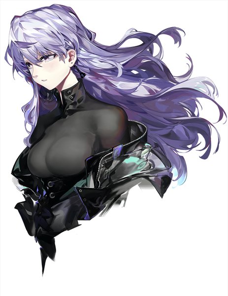 Anime picture 800x1036 with original saberiii single long hair tall image fringe breasts simple background hair between eyes white background purple eyes payot looking away purple hair upper body parted lips off shoulder open jacket floating hair leather