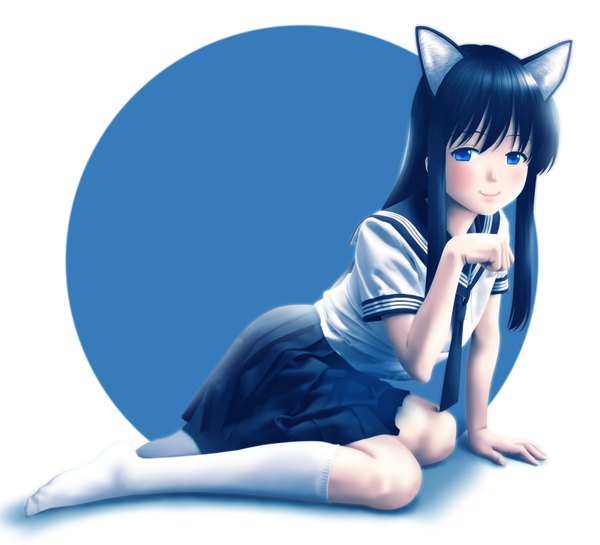 Anime picture 1800x1637 with original tora tsugumi single long hair looking at viewer blush fringe highres blue eyes black hair simple background smile sitting animal ears payot full body pleated skirt cat ears arm support short sleeves