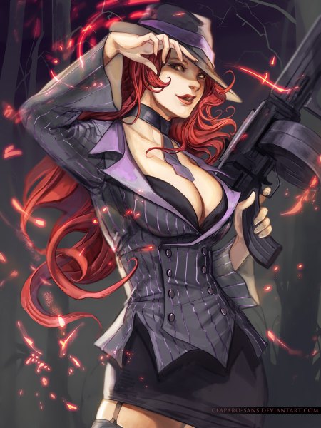 Anime picture 900x1200 with league of legends miss fortune (league of legends) claparo-sans single long hair tall image looking at viewer breasts open mouth light erotic smile red eyes large breasts standing red hair long sleeves wide sleeves girl thighhighs skirt