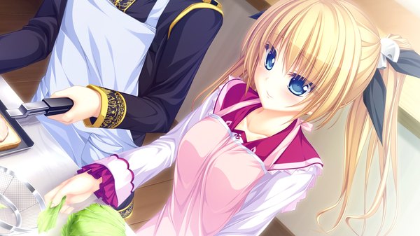 Anime picture 1920x1080 with usotsuki ouji to nayameru ohime-sama tsukioka izumi tenmaso long hair blush highres blue eyes blonde hair wide image twintails game cg cooking girl boy uniform bow hair bow school uniform apron