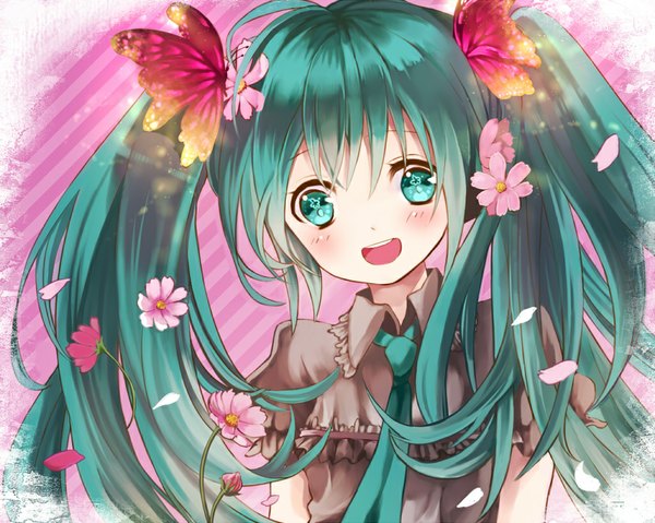 Anime picture 1024x819 with vocaloid hatsune miku single long hair blush open mouth smile twintails hair flower aqua eyes aqua hair pink background girl hair ornament flower (flowers) petals necktie blouse