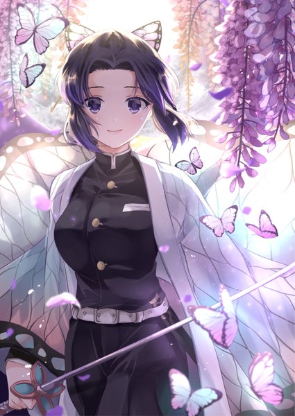 Anime picture 1133x1600 with kimetsu no yaiba ufotable kochou shinobu iroha (shiki) single tall image looking at viewer blush short hair breasts smile standing purple eyes holding purple hair outdoors traditional clothes japanese clothes multicolored hair wind