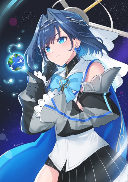 Anime picture 919x1300 with virtual youtuber hololive hololive english ouro kronii ouro kronii (1st costume) kgr single tall image fringe short hair blue eyes signed blue hair looking away twitter username girl gloves bow detached sleeves earrings
