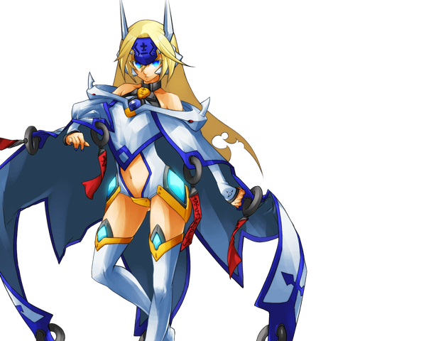 Anime picture 1280x1024 with blazblue mu-12 single long hair looking at viewer blue eyes blonde hair standing bare shoulders legs transparent background girl thighhighs navel detached sleeves white thighhighs bodysuit