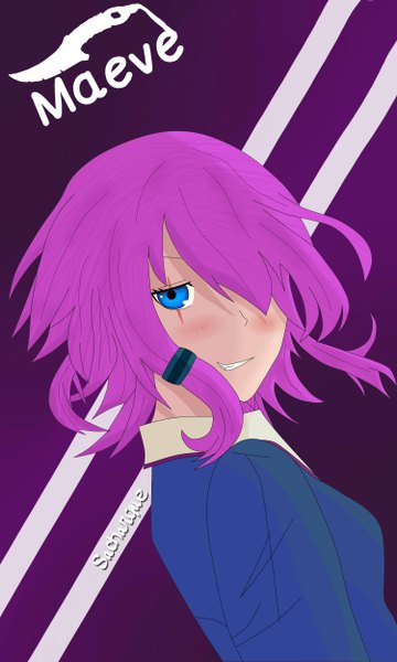 Anime picture 3000x5000 with paladins maeve sacharque single tall image looking at viewer fringe highres short hair blue eyes simple background smile signed purple hair upper body looking back hair over one eye character names grin scar