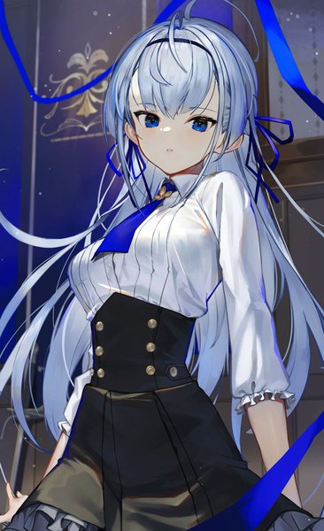Anime picture 732x1200 with original scottie (phantom2) single long hair tall image looking at viewer fringe blue eyes silver hair ahoge girl skirt ribbon (ribbons) hair ribbon necktie black skirt blouse